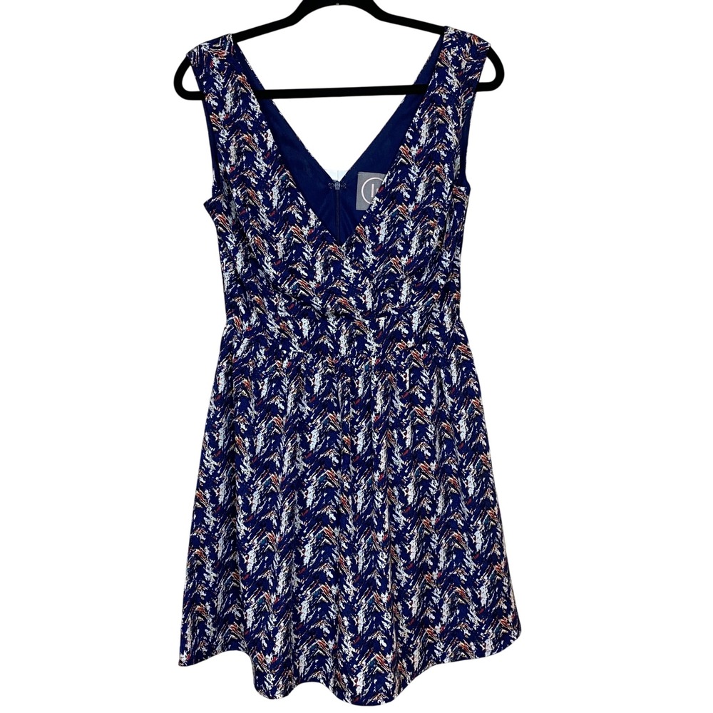LR Womens Dress Mini Navy Print Fit & Flare V-Neck Sleeveless Casual Party MD